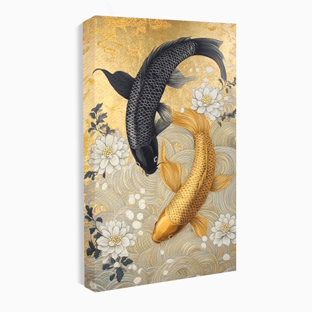 Tablou canvas cu tablou canvas cu doi pesti koi, fara rama, pe sasiu de lemn